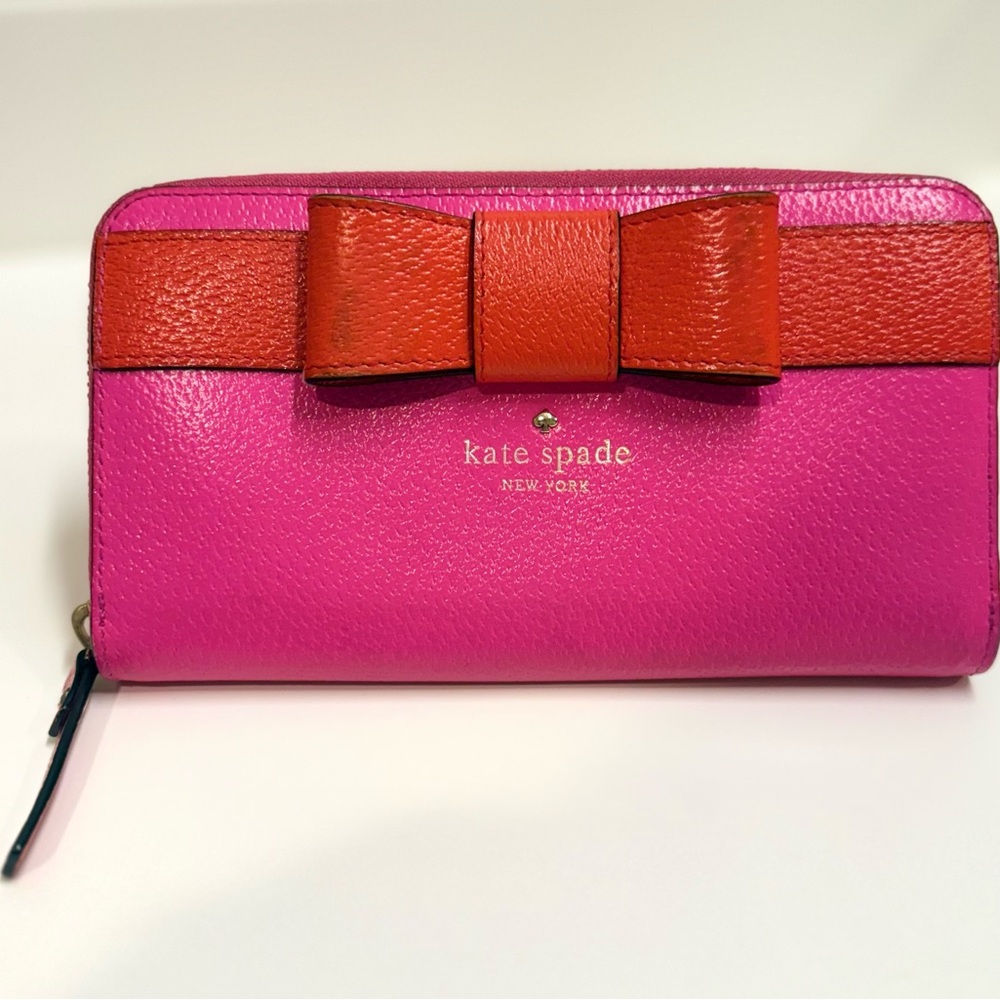 Kate Spade Colorblock Bow Leather Zip-Around Wallet‎ | Bright Pink & Red